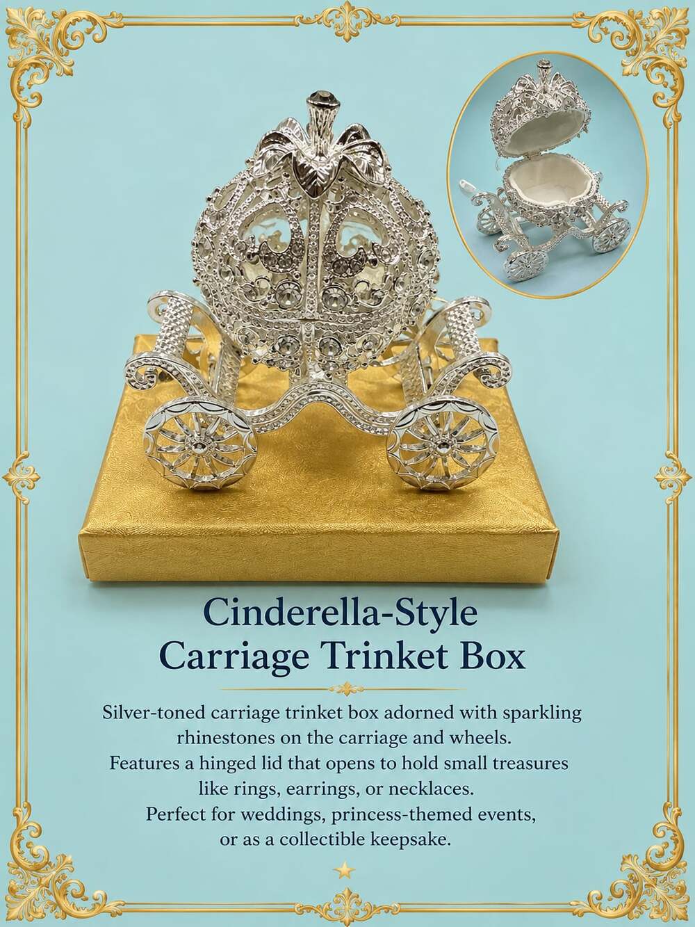 Cinderella-Style Silver-Toned Rhinestone Carriage Trinket Box